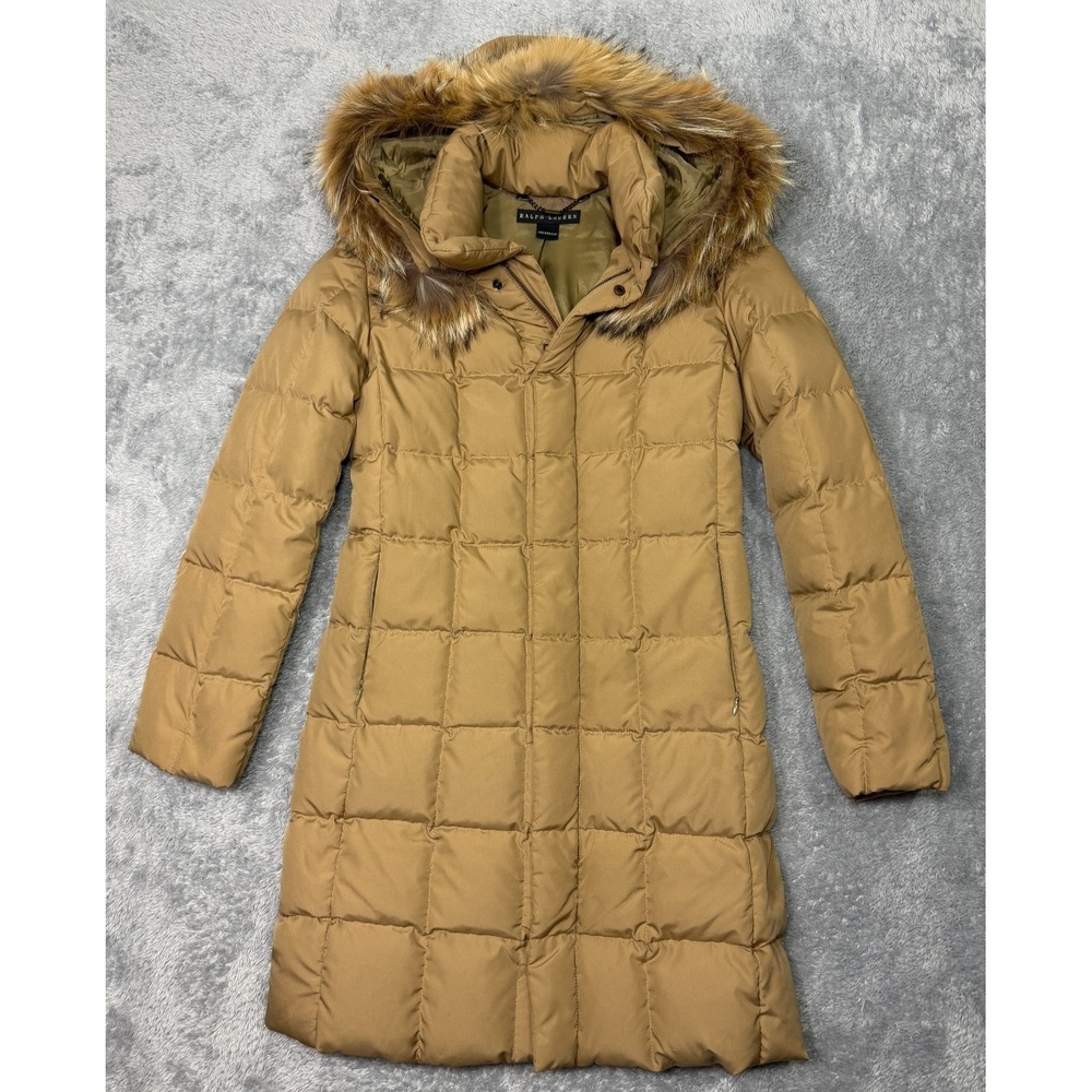Ralph Lauren Black Label Down Puffer‎ Coat Womens S Brown Fur Hood Midi Quilted